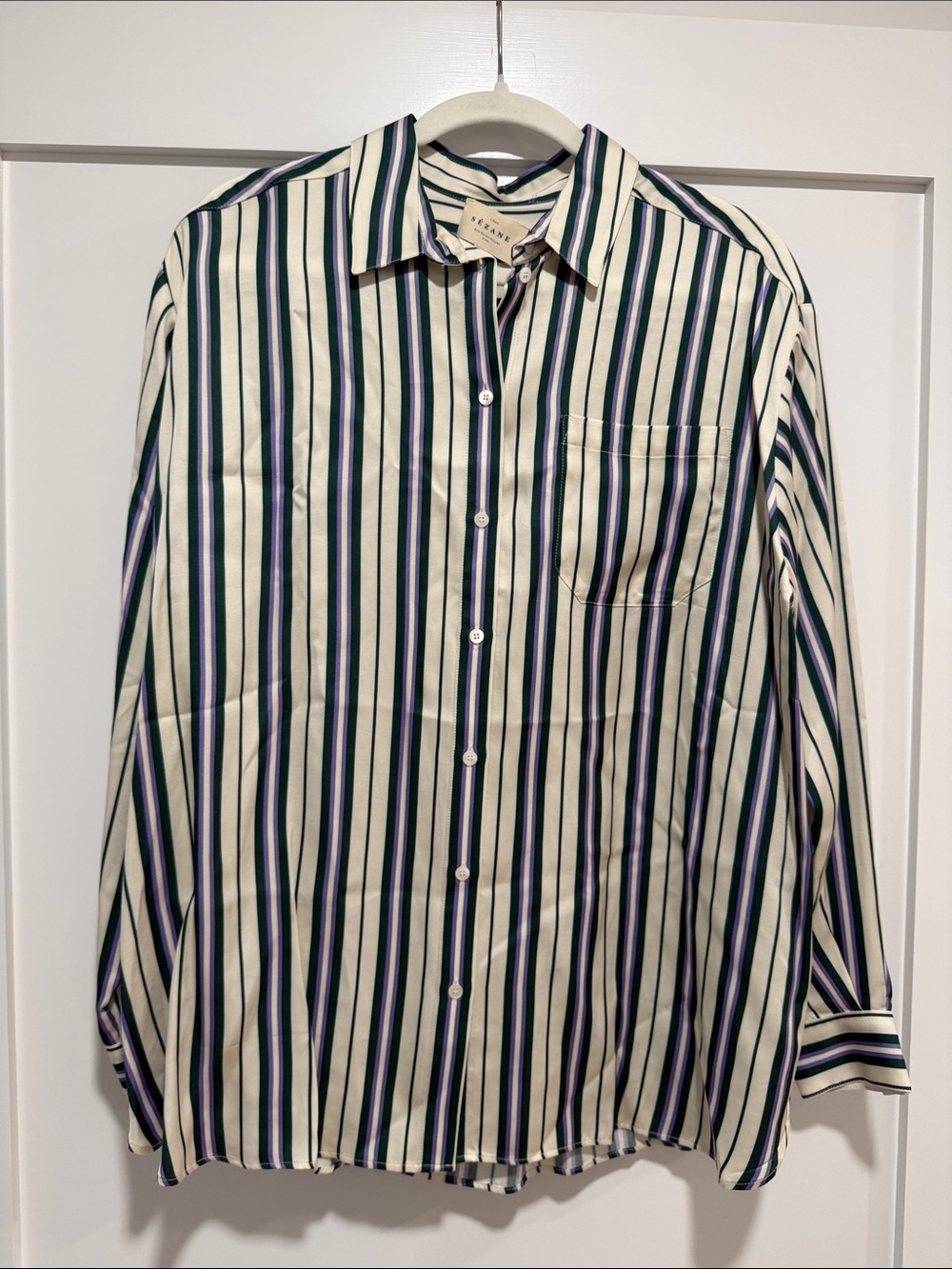 Sezane Cream Button-Up Shirt with Navy & Green Stripes